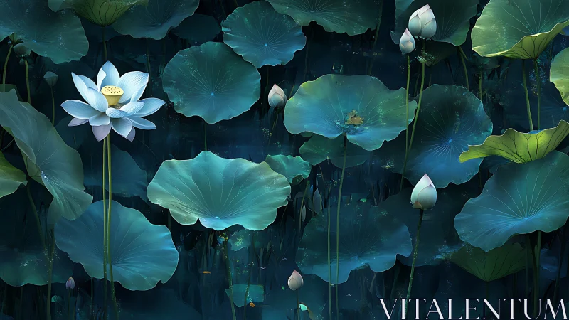 Moonlit lotus garden unfolds in shimmering teal hues.