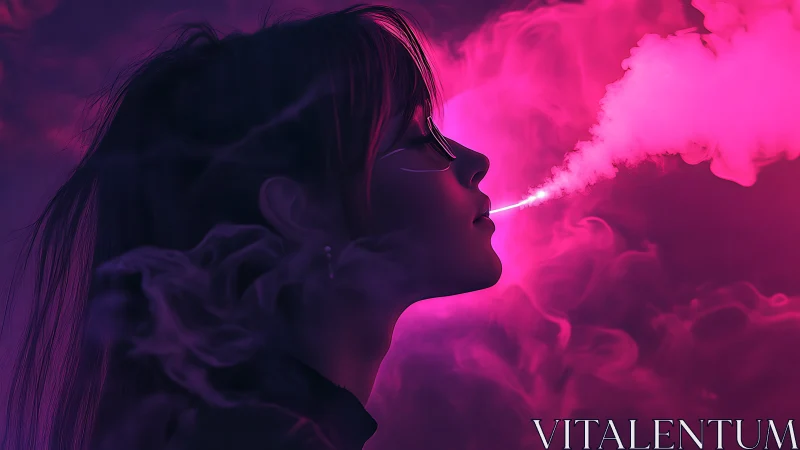 Side-profile neon portrait isolates vapor plume in magenta haze