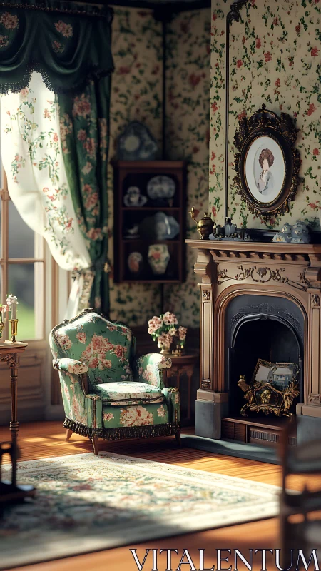 Victorian parlor interior with floral upholstery and carved fireplace