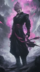 Dark-robed anime warrior amid magenta spectral energy storm.
