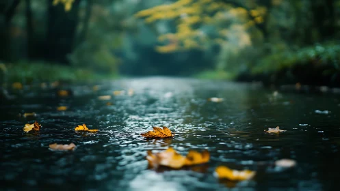 Golden autumn leaves drift gently across a tranquil river