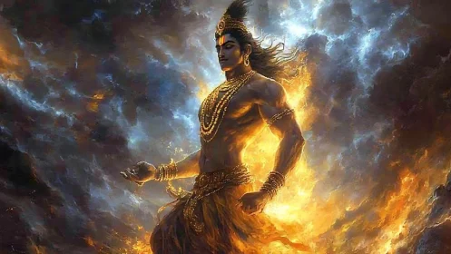 Radiant divine warrior strides through swirling cosmic fire