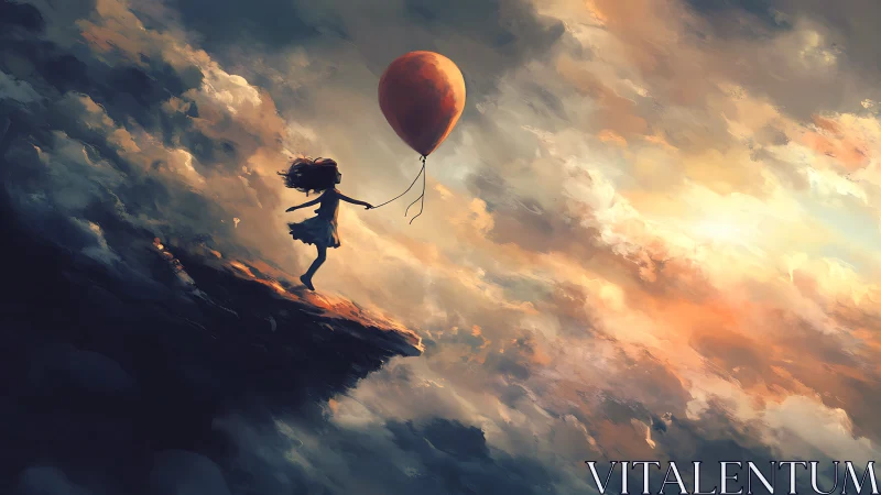 Sky-edge dreamer drifts upward with a lone crimson balloon