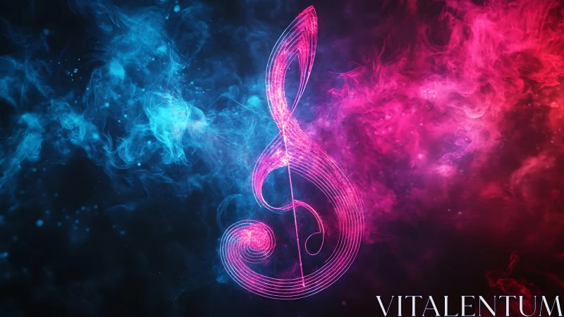 Neon treble clef symbol amid blue and magenta smoke field.