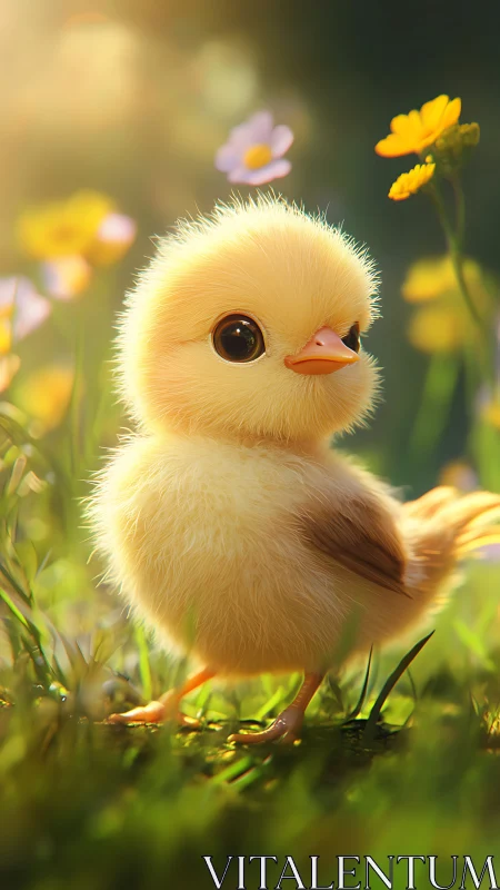 Fluffy Yellow Chick Surrounded by Spring Flowers.