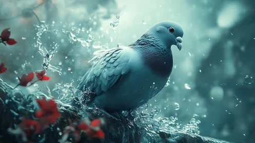 Blue pigeon on branch with water splash, dreamy and vibrant style.