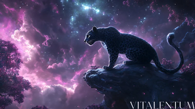 Leopard's Cosmic Vigil in a Starlit Sky.