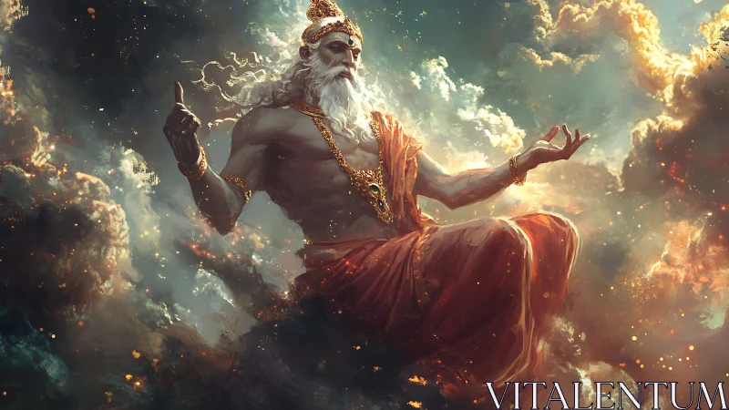 Elderly sky deity seated in clouds with golden ornaments.