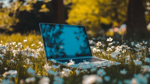 Laptop daydreaming in a meadow of sunlight and wild ideas.