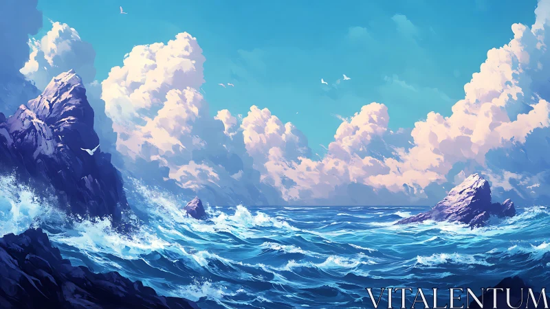 Coastal seascape shows rocky shoreline under cumulus clouds