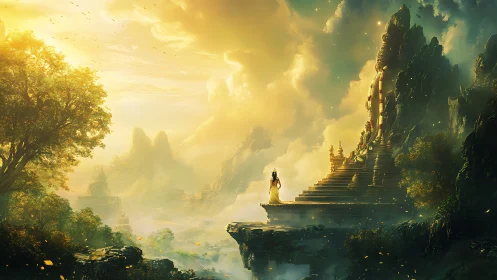 Woman stands before elevated temple in misty mountain valley