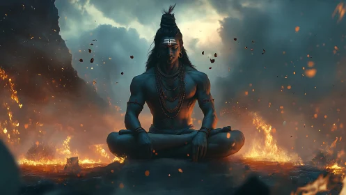 Meditating blue deity amid volcanic fire in cinematic chiaroscuro