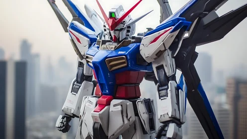 Giant mecha robot overlooking hazy futuristic cityscape.