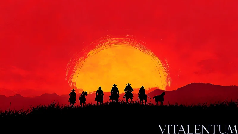 Riders cross a blazing sunset, heading into quiet legend.