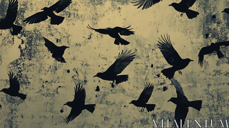 Graceful black birds drift across a weathered golden sky
