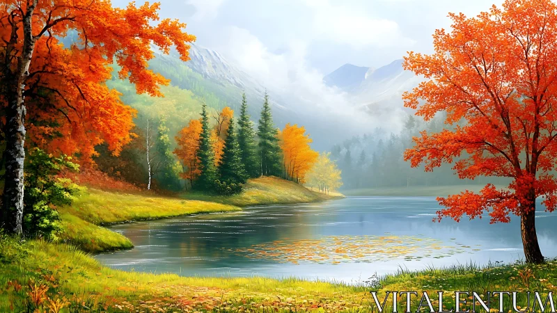 Vibrant autumn lakeside landscape rendered as digital painting