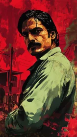 Stylized male portrait set against saturated red urban backdrop.
