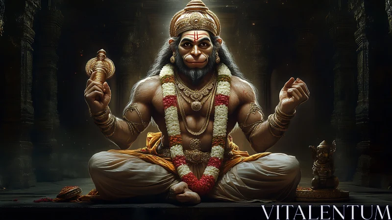 Photorealistic Hanuman deity portrait in meditative temple setting.
