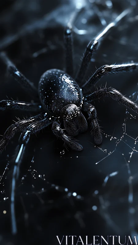 Macro study of dark spider on web with reflective highlights.