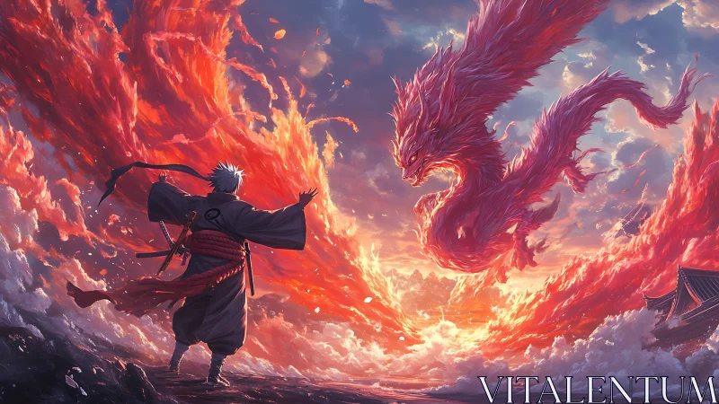Samurai confronts flaming dragon amid stormlit sky.