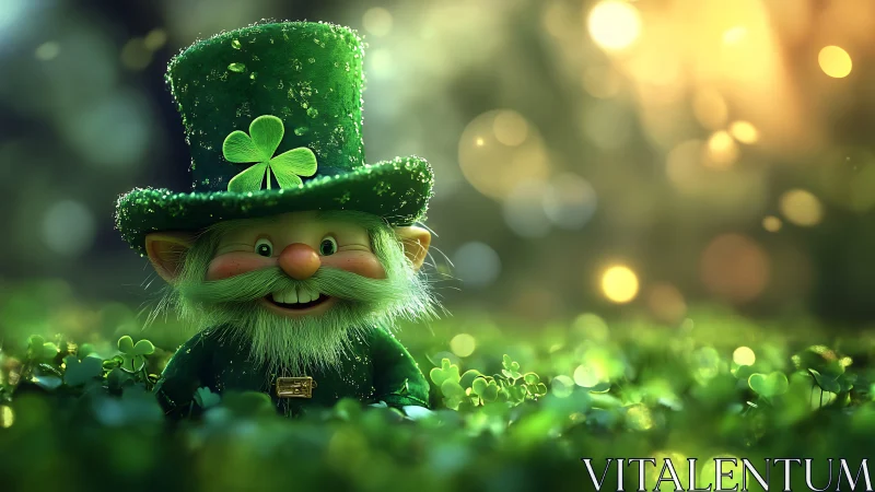 Cheerful leprechaun in clover field with glowing bokeh light