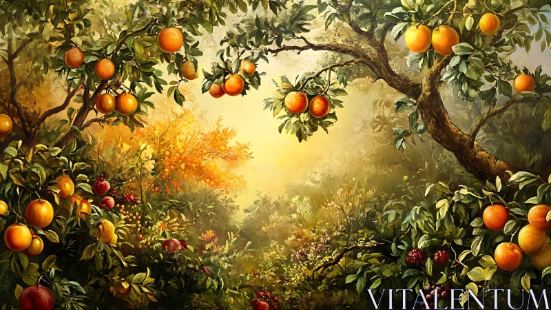 Sunlit orchard grove glowing with ripe, golden fruit.