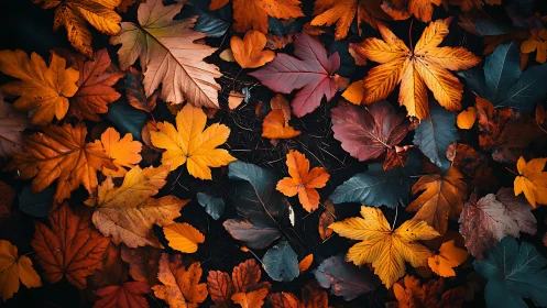 Golden autumn leaves gather in a cozy forest carpet