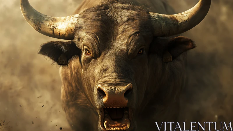 Powerful charging bull emerges from swirling dust clouds.