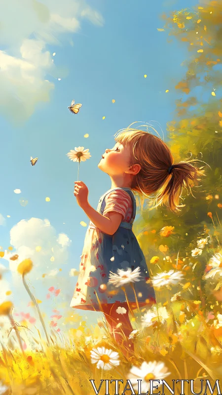 Sunlit daydreamer chasing butterflies in a daisy kingdom.