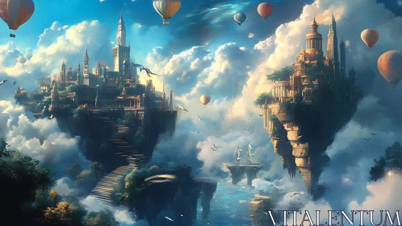Floating sky cities rise above clouds with airships and dragons