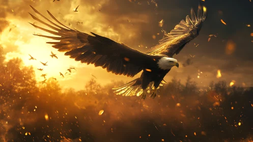 Majestic bald eagle soaring at sunset with dramatic lighting.
