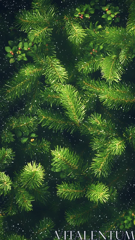 Evergreen spruce branches with snow and deep green bokeh.