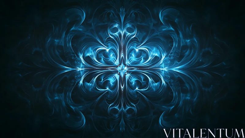 Symmetric electric-blue fractal plume forms radiant energy core
