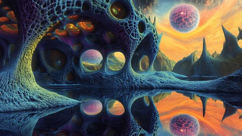 Alien lattice caverns mirrored beneath neon skies.