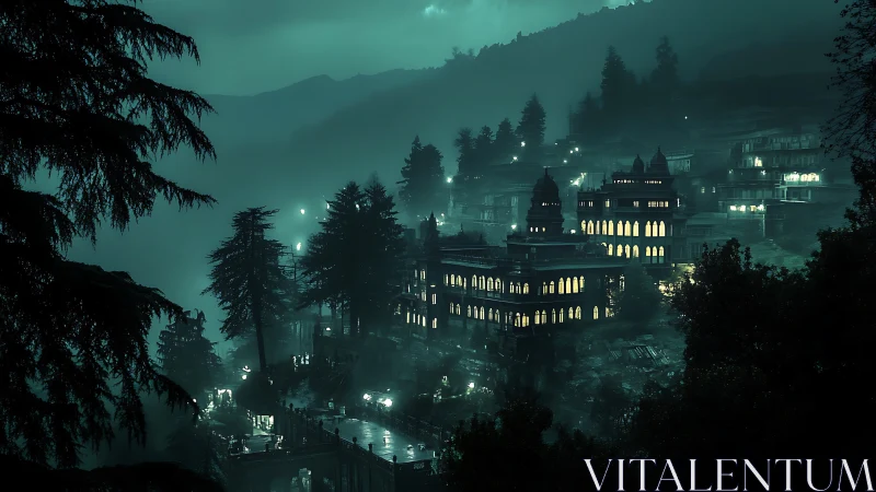 Photorealistic misty hill palace with luminous facades at night.