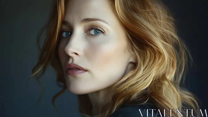 Soft-lit side portrait of pensive woman with auburn waves.