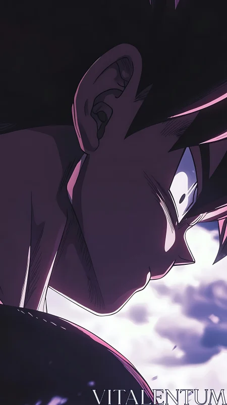 Dramatic anime close-up captures tense side profile lighting