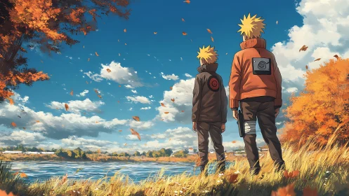 Dual blond figures surveying autumnal riverside environment.