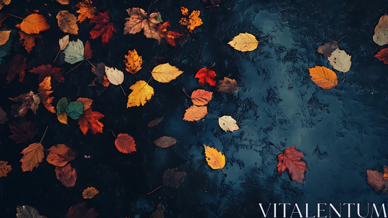 Wayward autumn leaves drifting across ink-dark water.