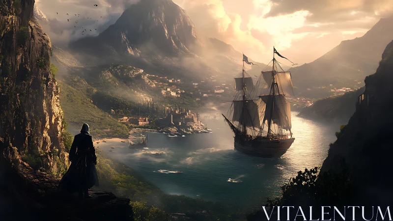 Cloaked wanderer watches tall ship enter misty mountain bay
