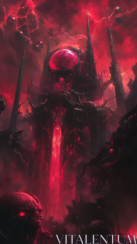 Dark infernal fortress with blood red energy core.