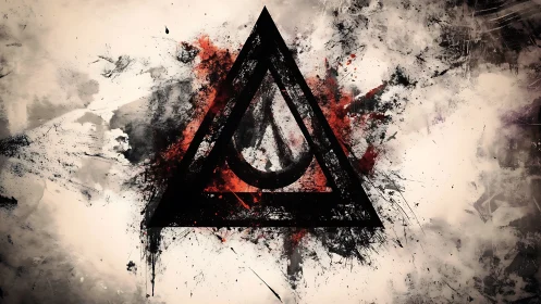 Grunge black triangle symbol over red abstract splatter art