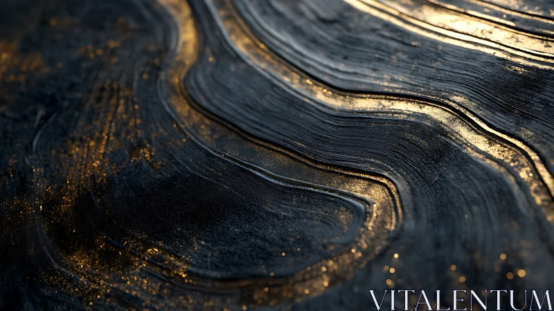 3D abstract strata with gilded contour waves on dark surface.