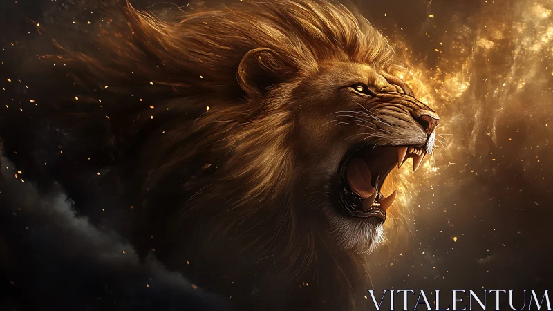 Fiery lion roars boldly, mane streaming through glowing sparks