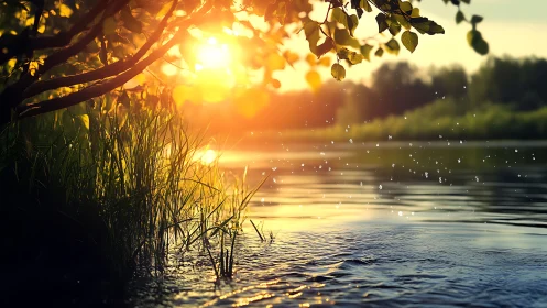 Golden sunset glows over tranquil riverside grass and ripples