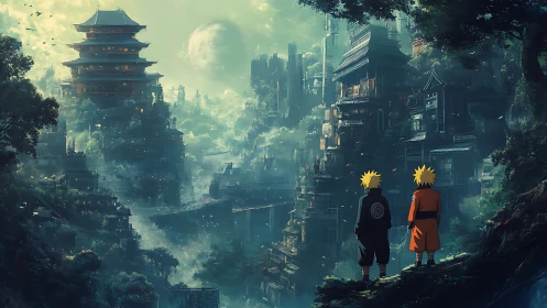 Twin figures gaze over a misty futuristic ninja cityscape