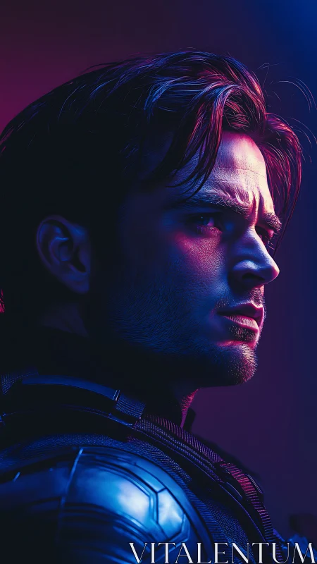 Neon-lit warrior in quiet focus and stormy determination.