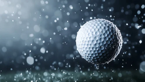 Golf ball suspended in rain with dramatic studio lighting.