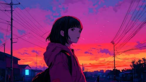 Solitary schoolgirl watches neon sunset over quiet suburb.