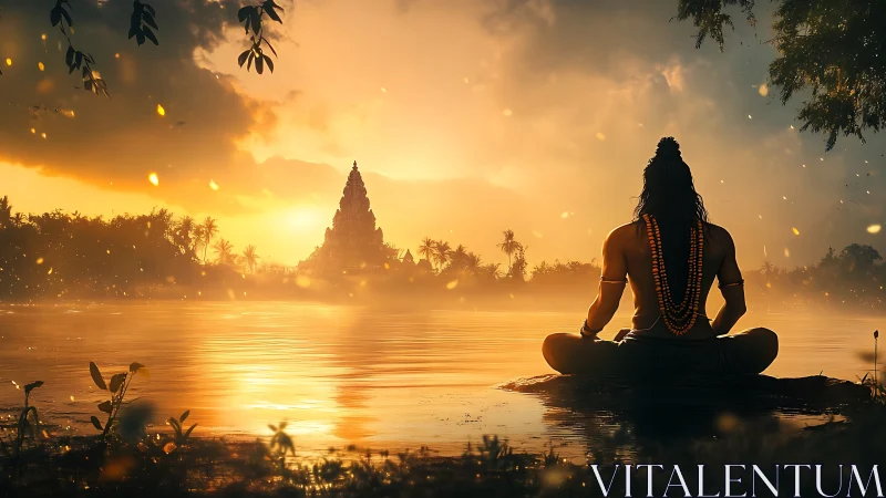 Meditating ascetic overlooks golden river and distant temple.